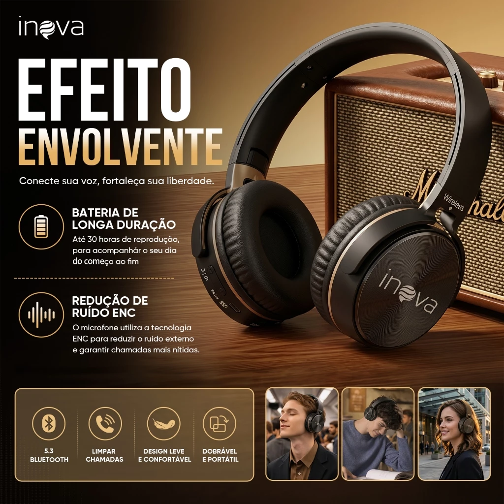 INOVA Fone Bluetooth Sem Fio Dobrável